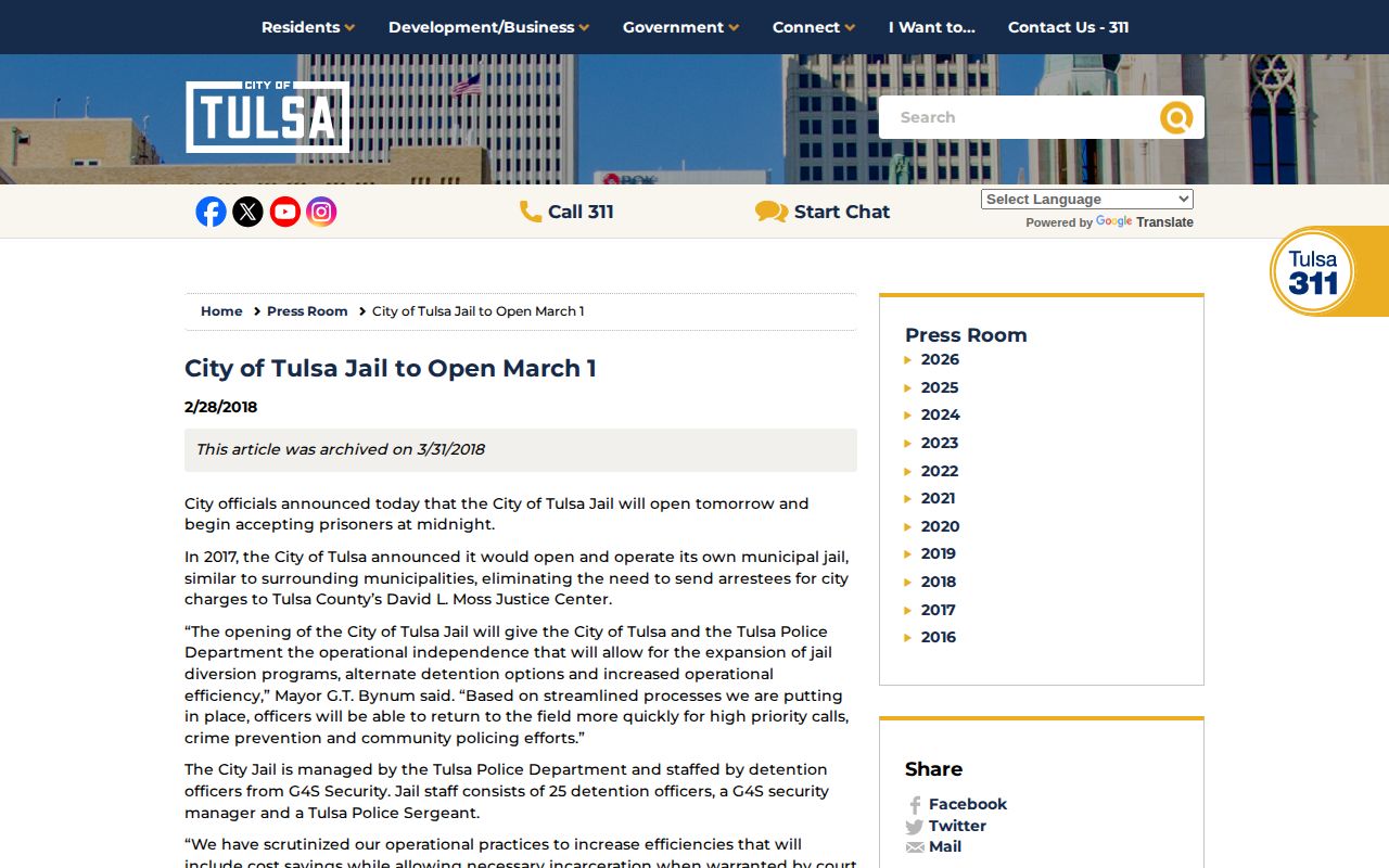 City of Tulsa Municipal Jail opening and custody routing information