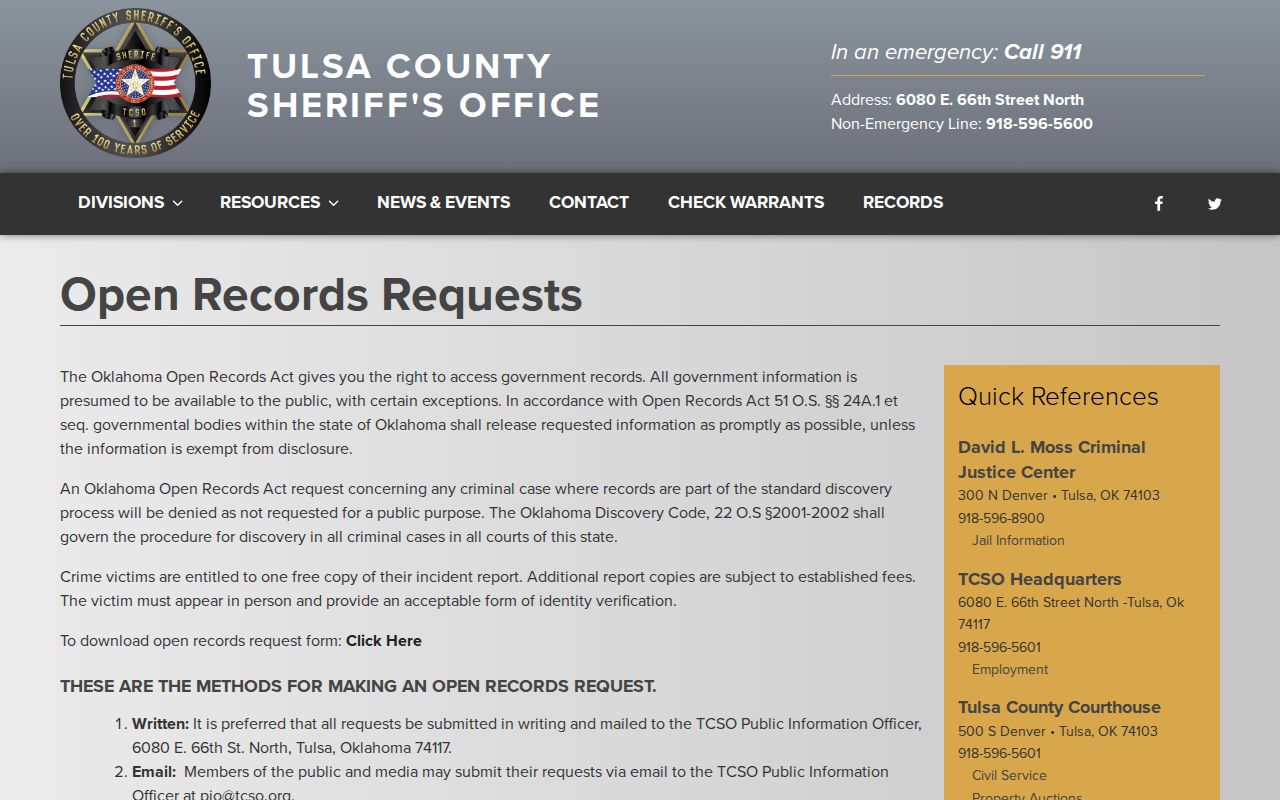 Tulsa County 24-hour release records request page